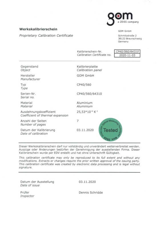 Certyfikat VDI potwierdzający jakość skanera ATOS - VDI certificate confirming the quality of the ATOS scanner - Certifikát VDI potvrdzujúci kvalitu skenera